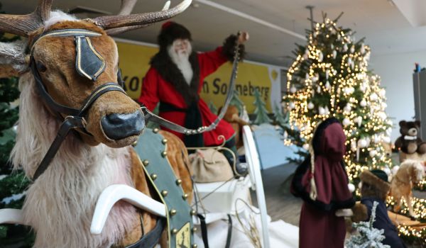 Dekoobjekt: Ein weißer Schlitten mit Rentier. Auf dem Schlitten sitzt ein Weihnachtsmann.