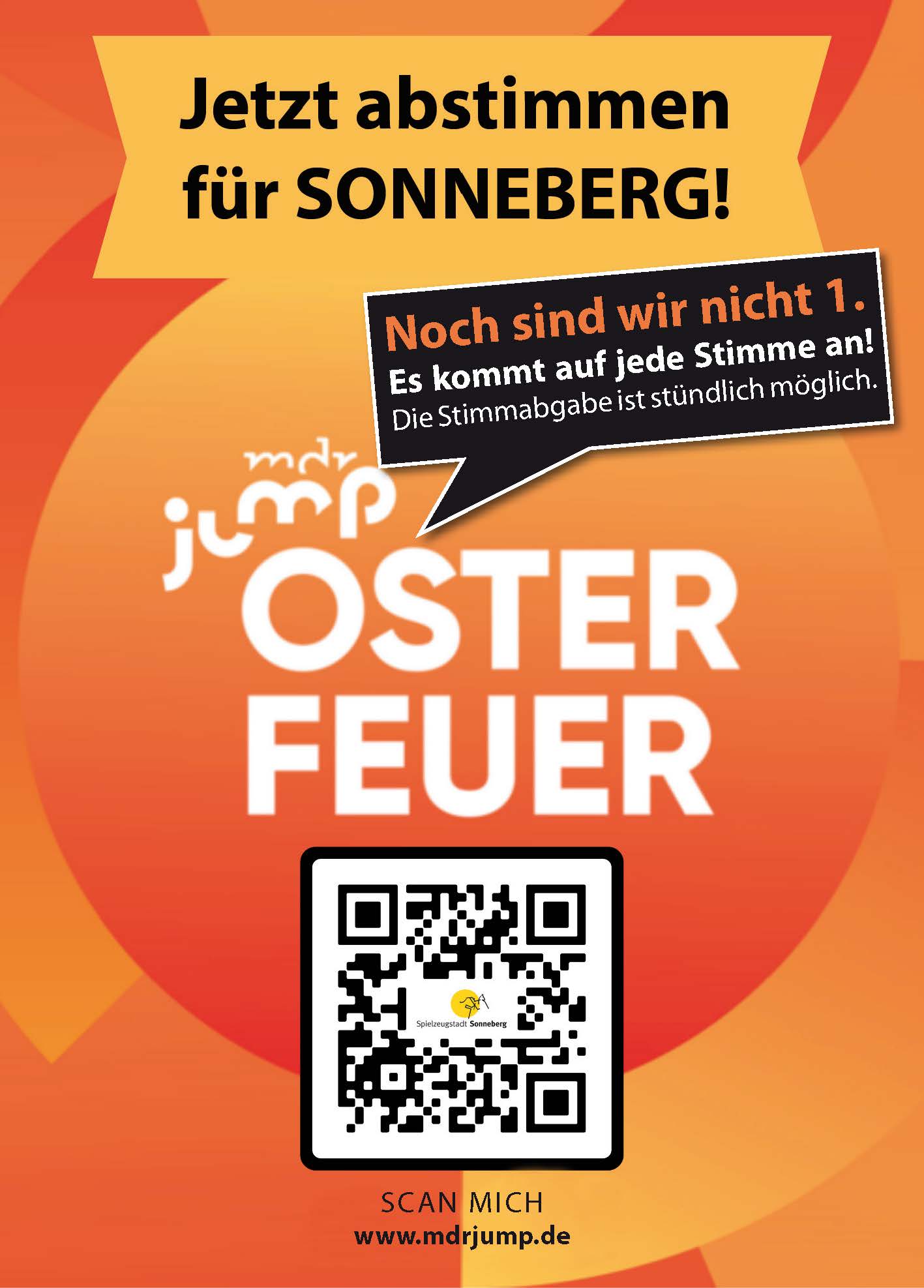 Eine orange Grafik mit der Aufschrift: mdr jump Osterfeuer, Jetzt abstimmen für Sonneberg.