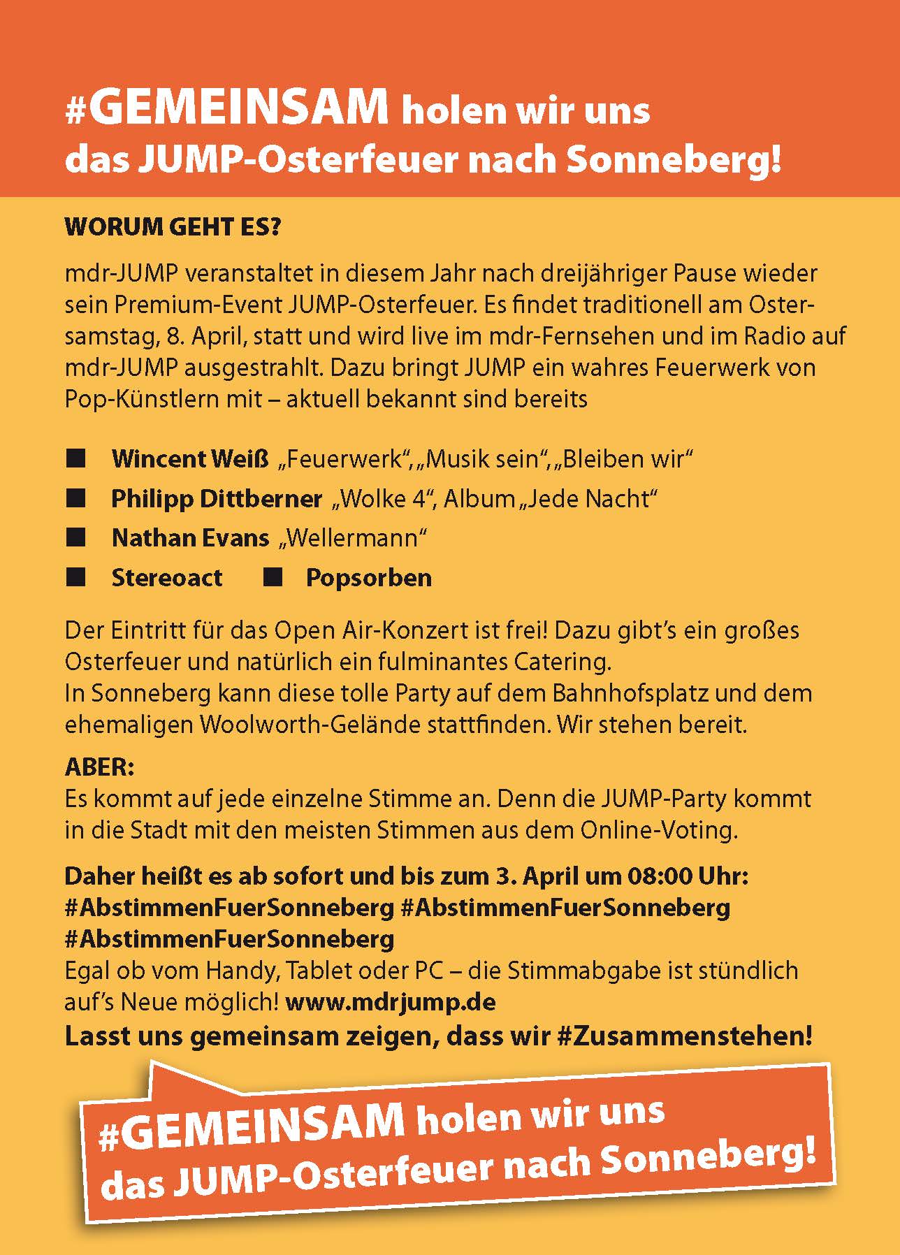 Eine orange Grafik mit der Beschreibung zum mdr Jump Osterfeuer.