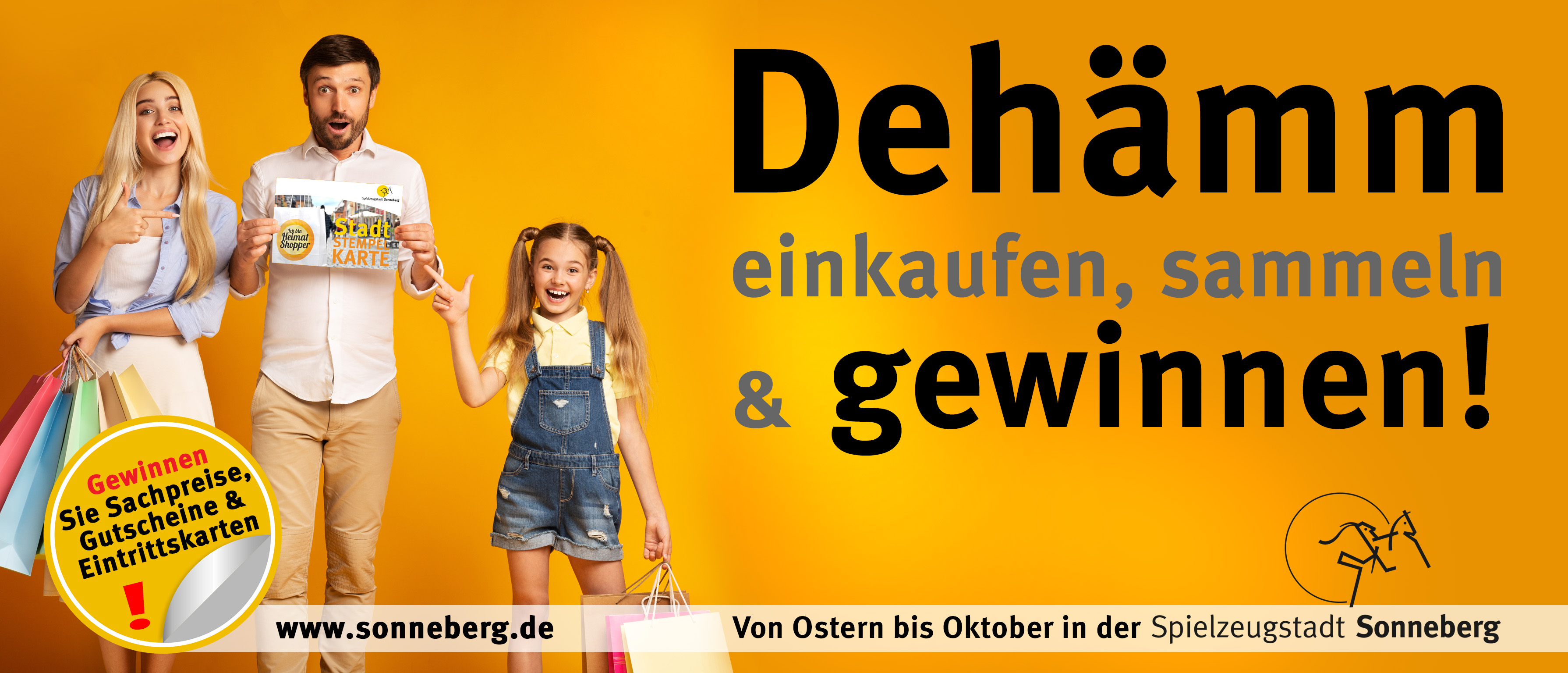 Eine orange Grafik mit der Aufschrift: Dehämm einkaufen, sammeln & gewinnen.