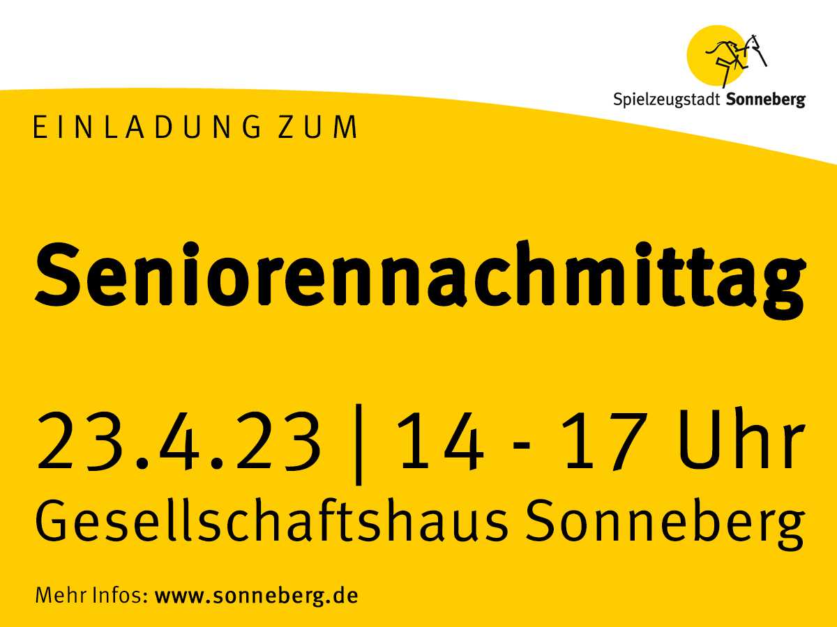 Eine gelbe Grafik mit der Aufschrift: Einladung zum Seniorennachmittag.