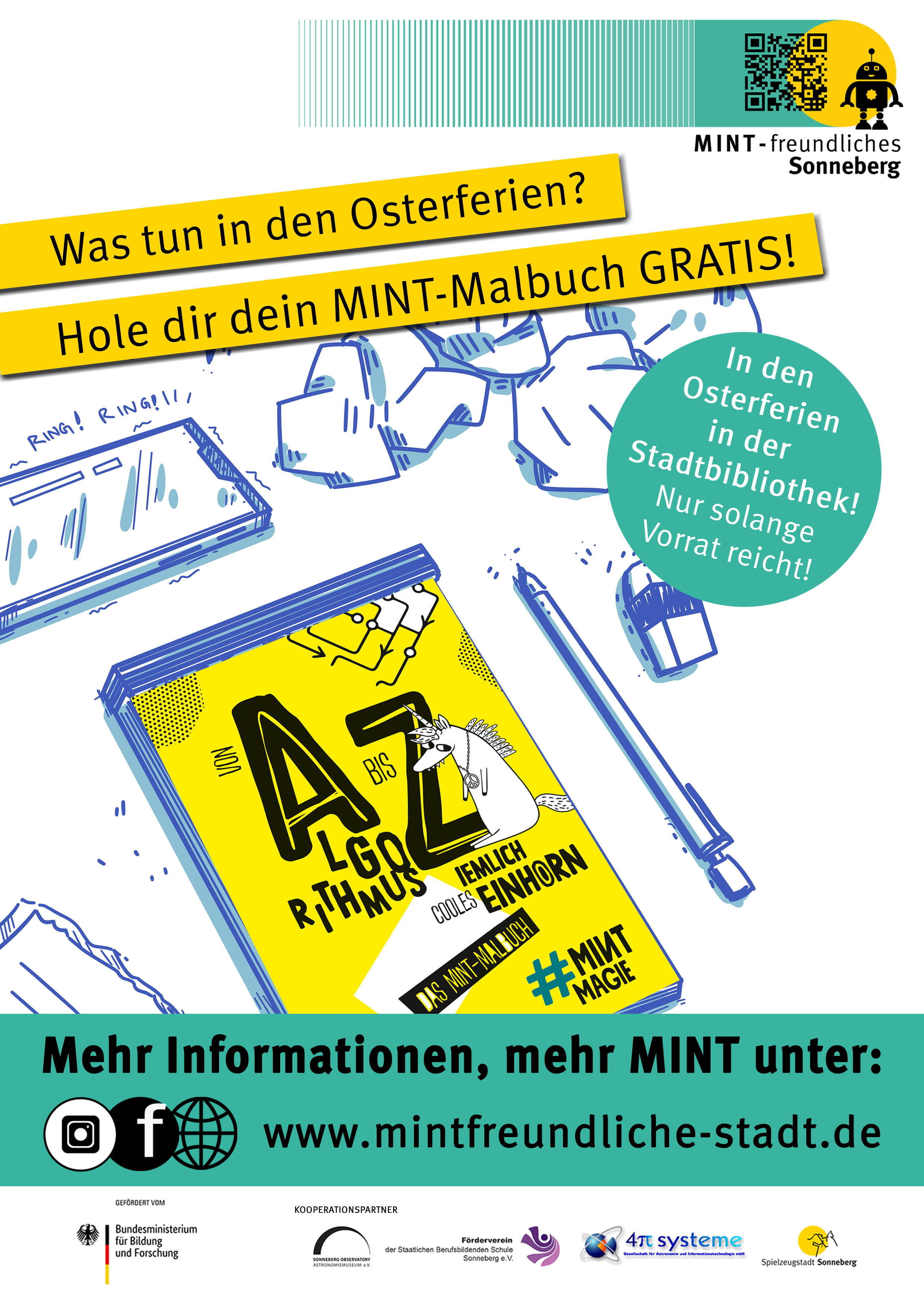 Grafik mit der Aufschrift: Was tun in den Osterferien? Hole dir dein MINT-Malbuch gratis!