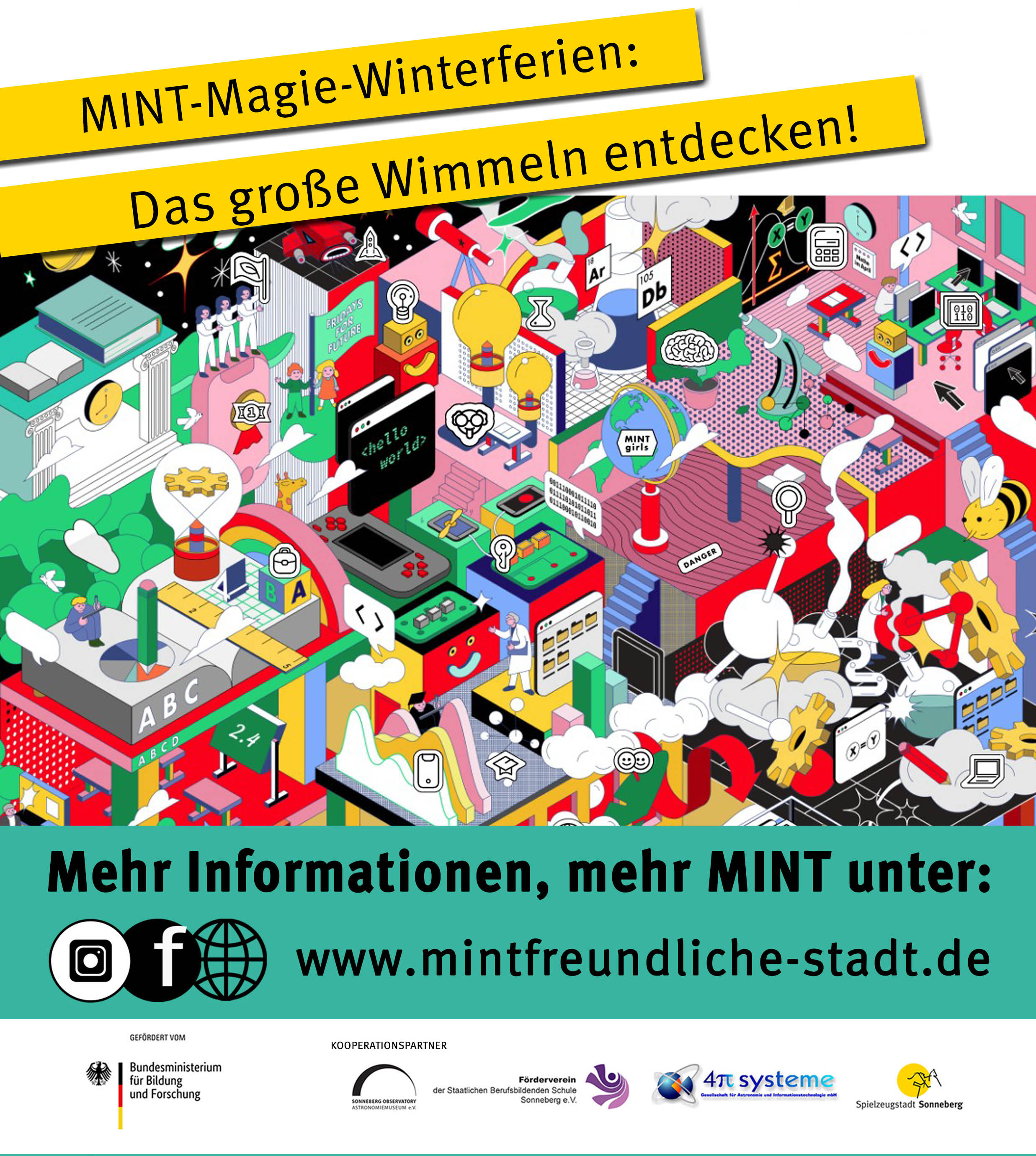 Eine bunte Grafik einer Stadt mit der Aufschrift: MINT-Magie-Winterferien: Das große Wimmeln entdecken.