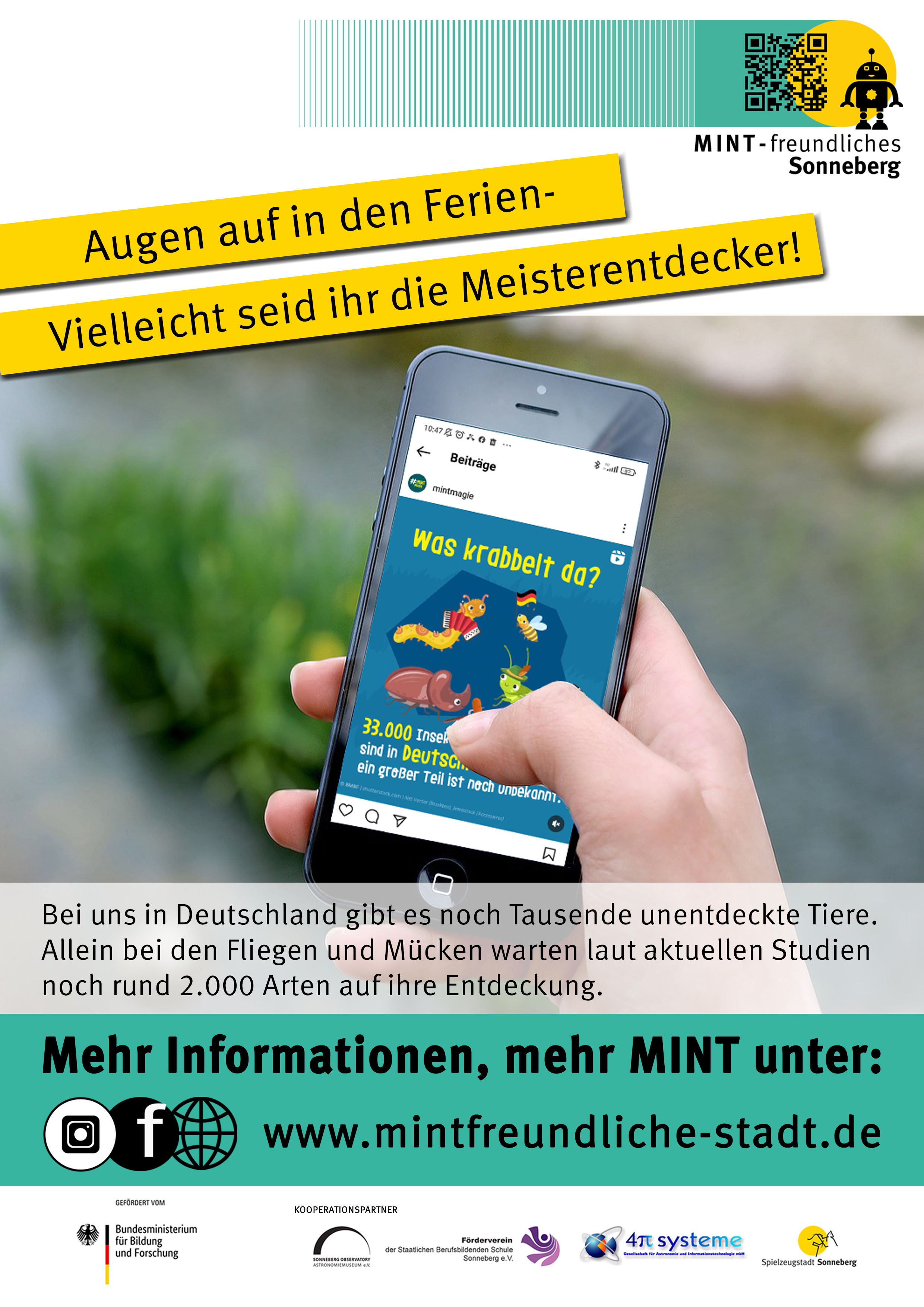 Grafik: Ein Hand hält ein Smartphone. Darüber die Aufschrift: Augen auf in den Ferien - Vielleicht seid ihr die Meisterendecker!