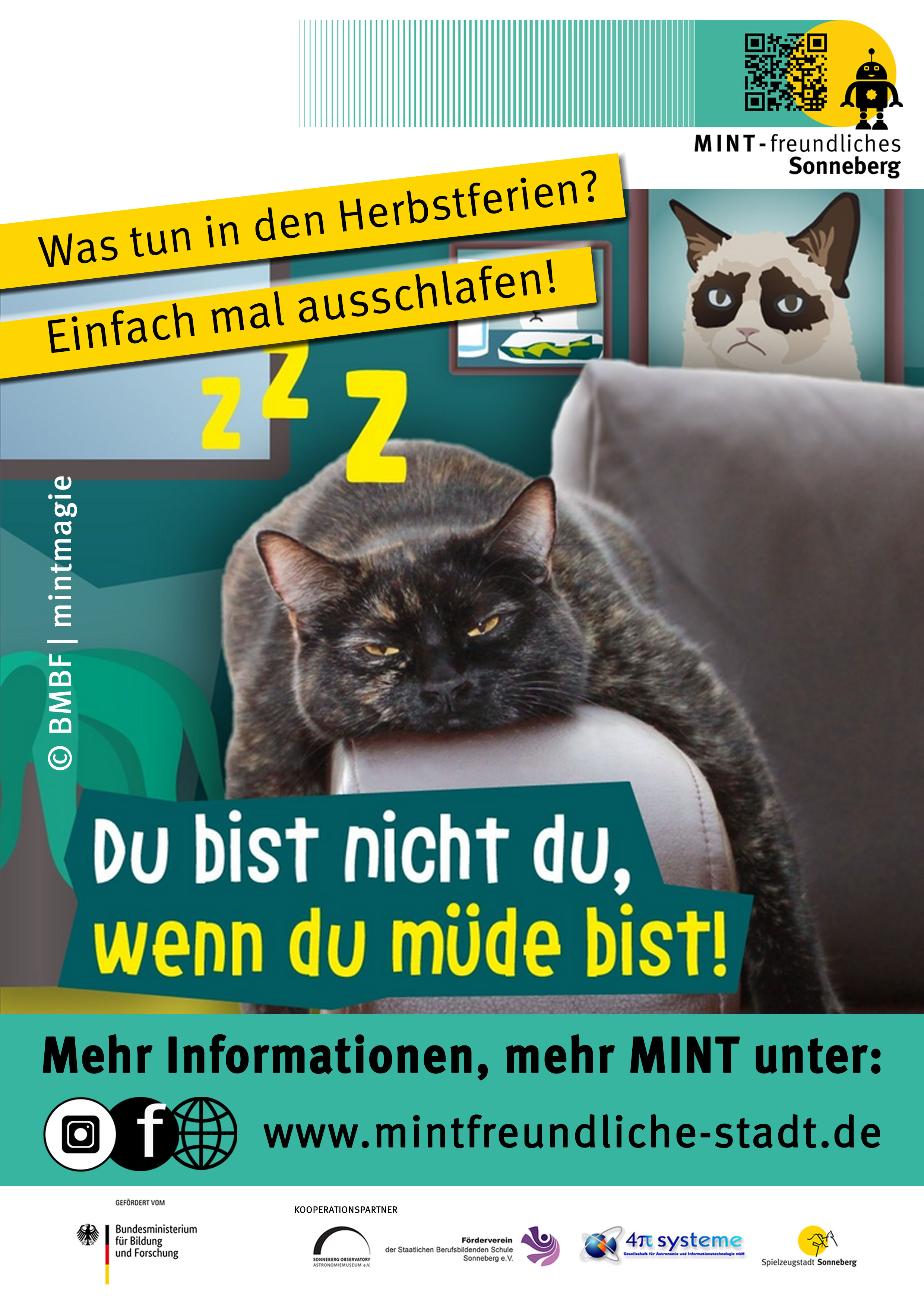 Grafik: Eine schlafende Katze mit der Aufschrift: Was tun in den Herbstferien? Einfach mal ausschlafen! Du bist nicht du, wenn du müde bist.