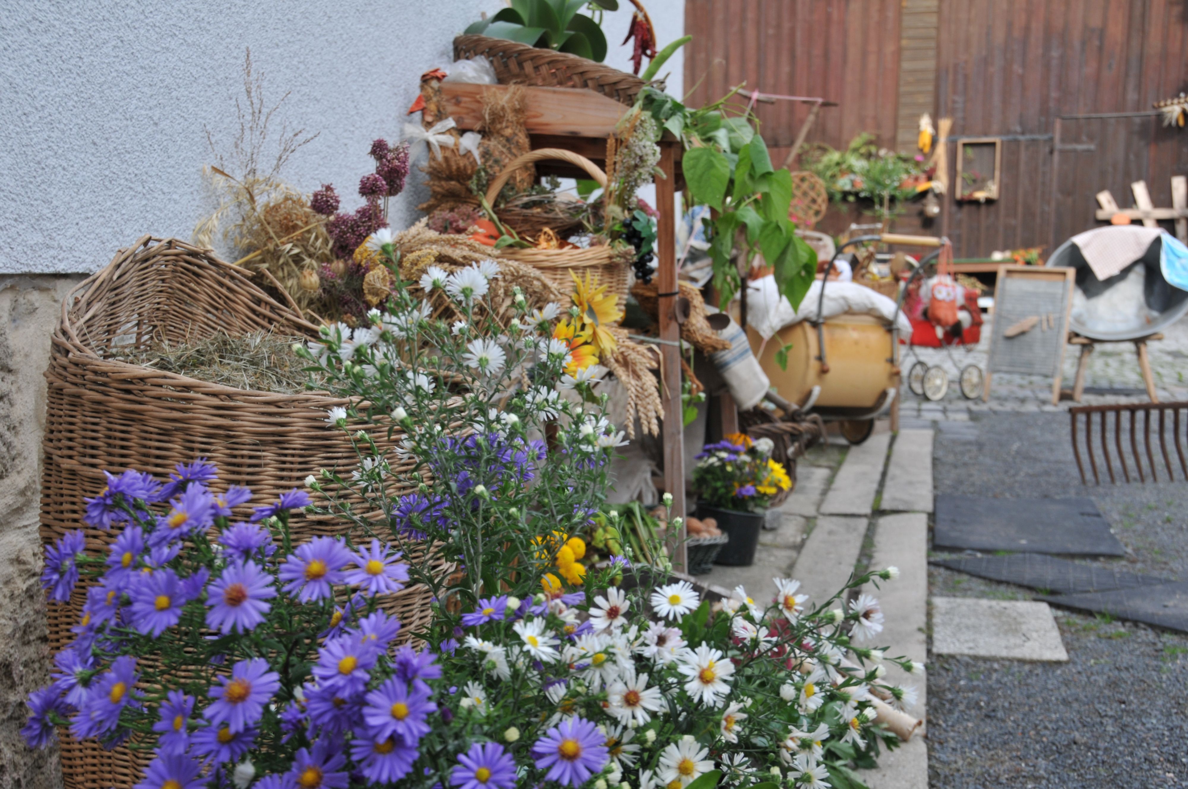 An einer Hauswand stehen Blumen und Körbe.