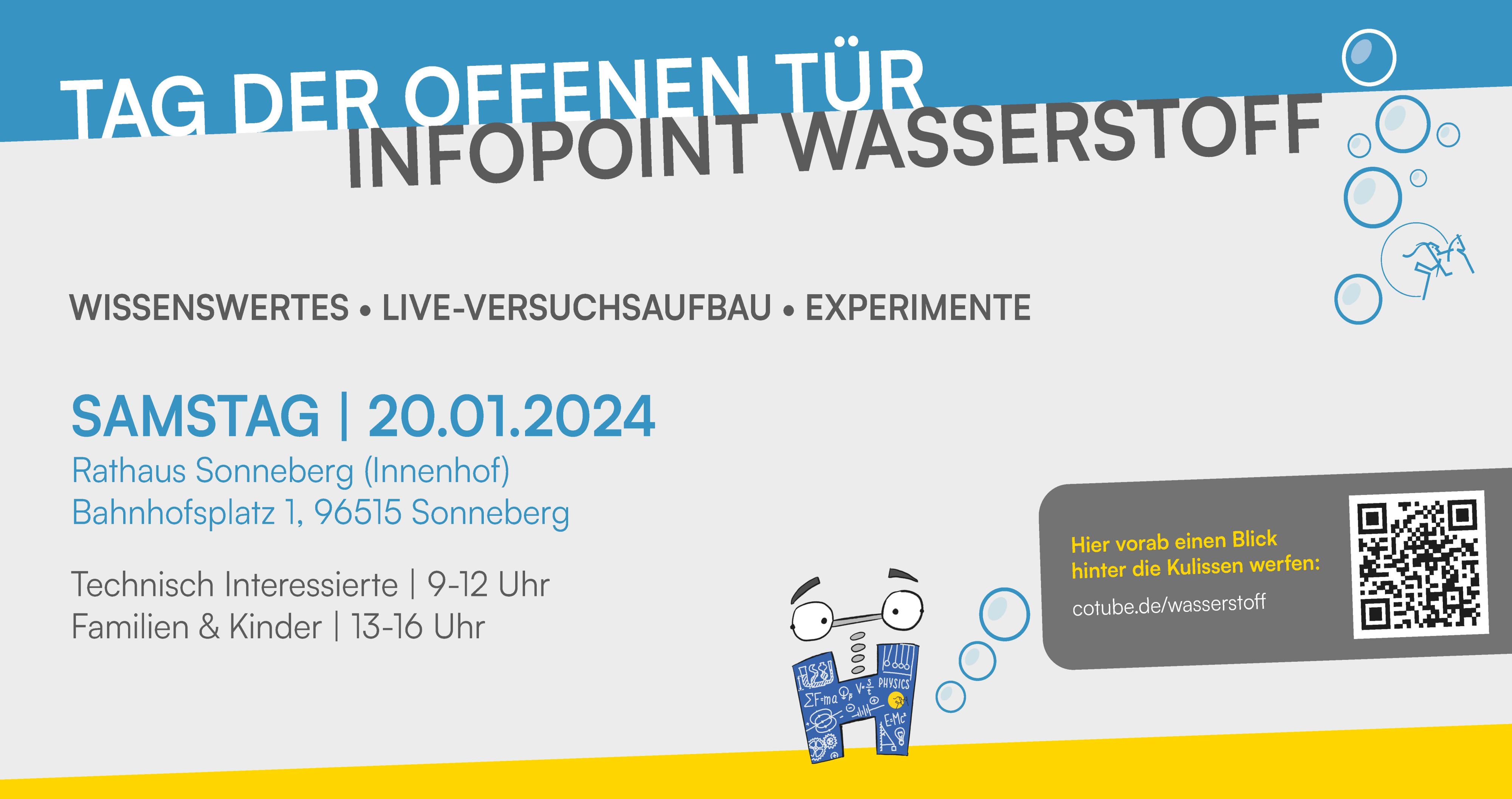 Eine Grafik mit der Aufschrift: Tag der offnenen Tür, Infopoint Wasserstoff, Samstag 20.01.2024.