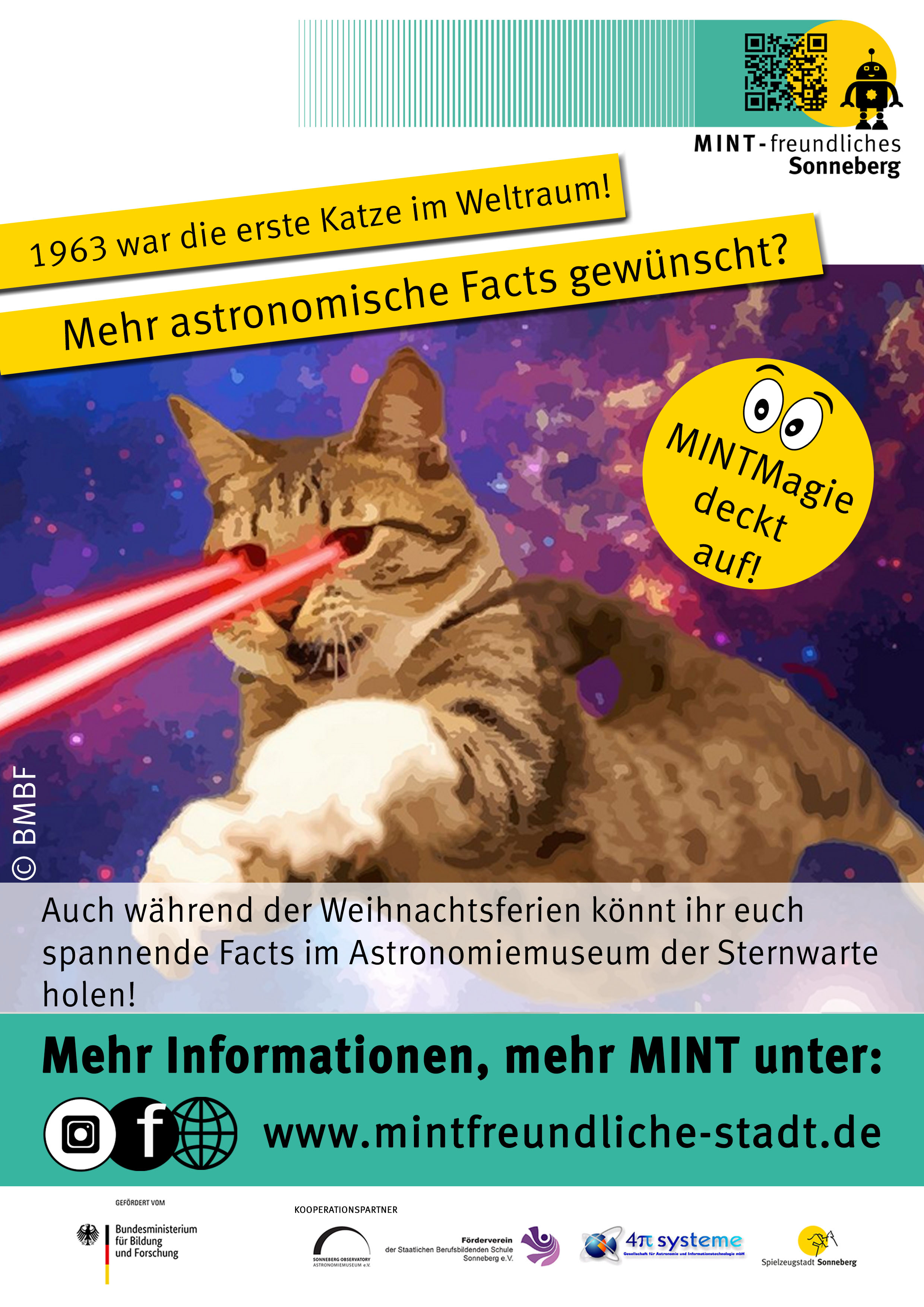 Eine Grafik mit der Aufschrift: 1963 war die erste Katze im Weltraum. Mehr astronomische Facts gibt es im Astronomiemuseum der Sternwarte.