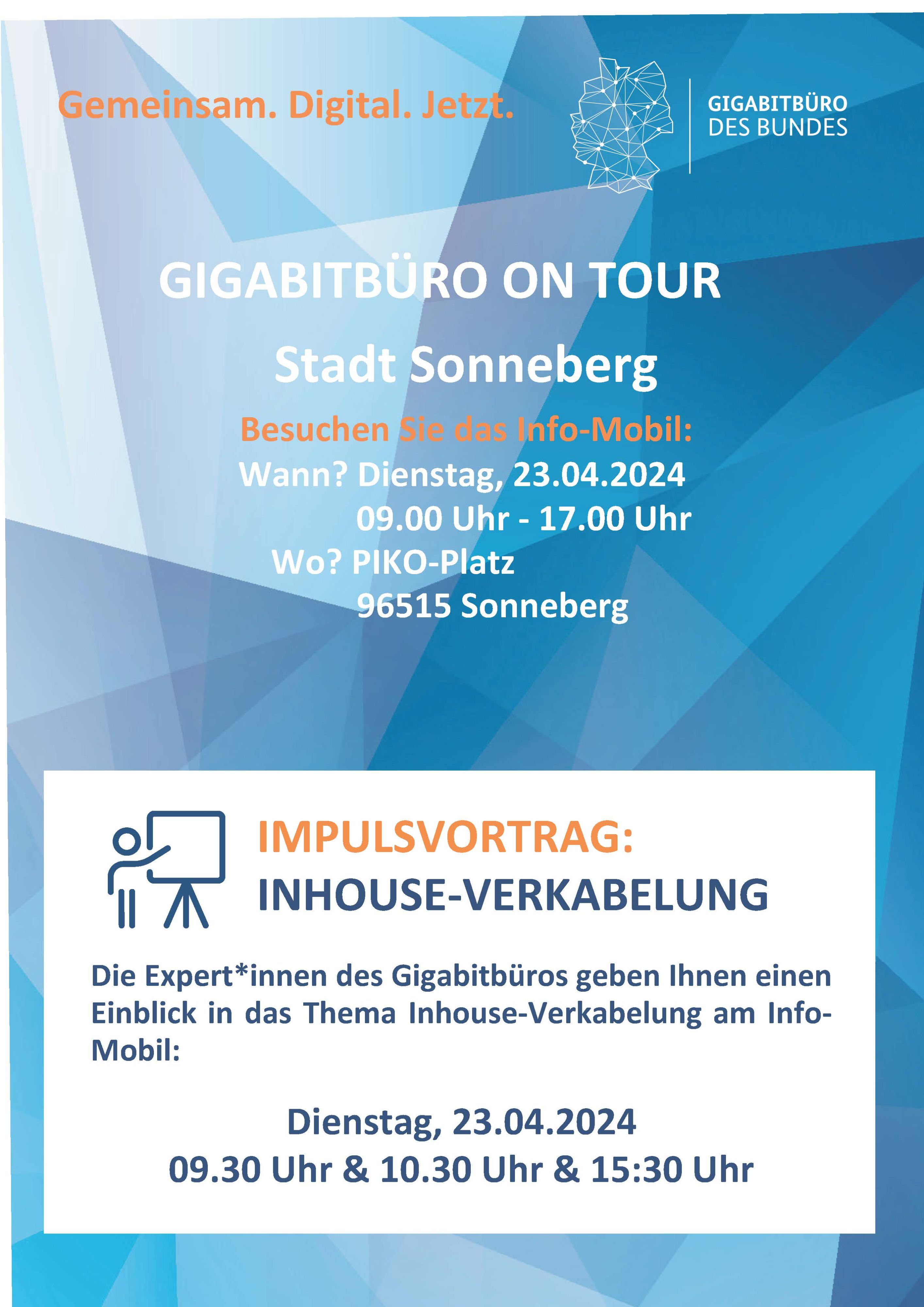Eine blaue Plakatwerbung des Gigabitbüros des Bundes für einen Informationstermin.