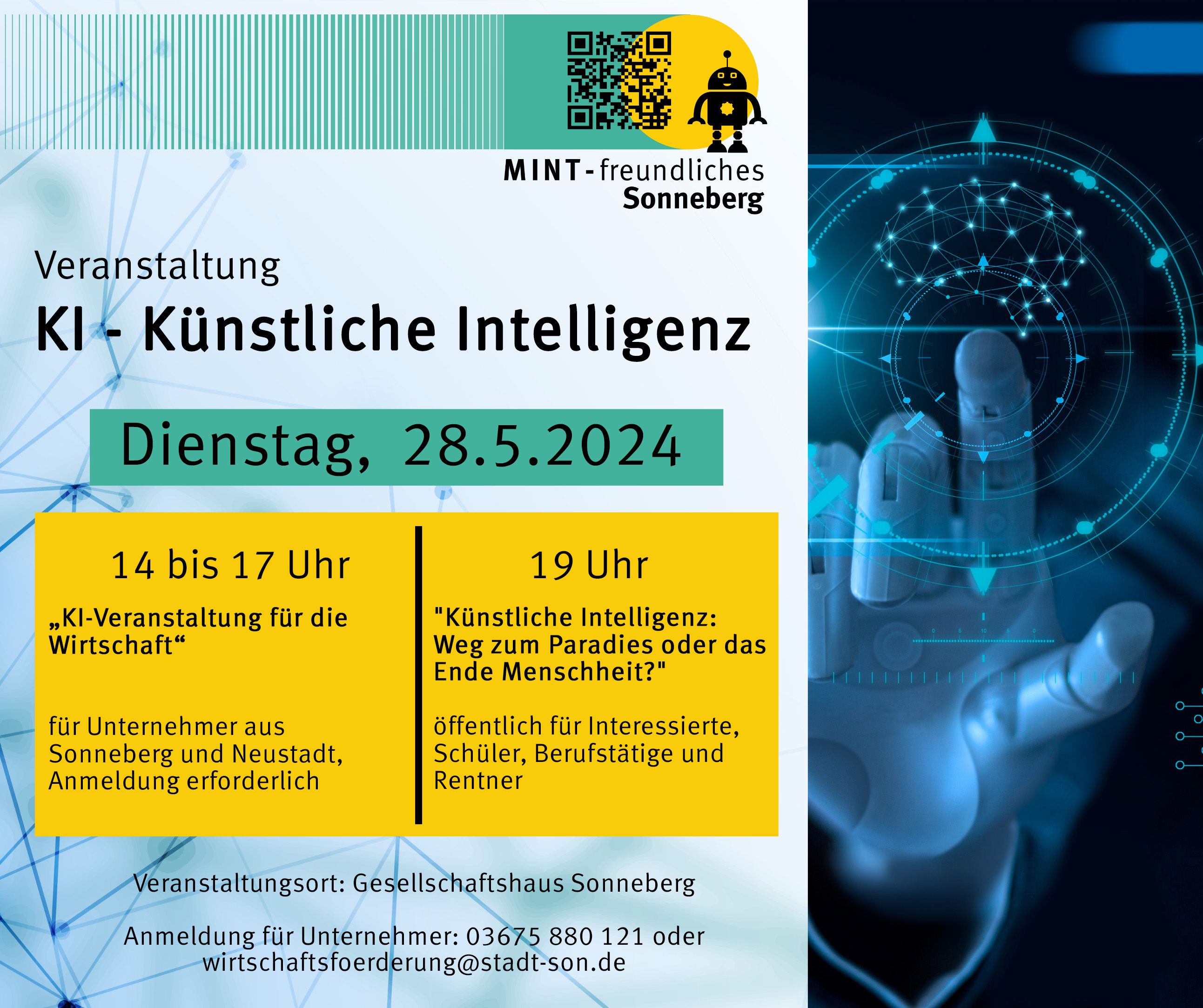 Eine Grafik mit der Aufschrift: Veranstaltung KI- Künstliche Intelligenz, 28.05.2024.