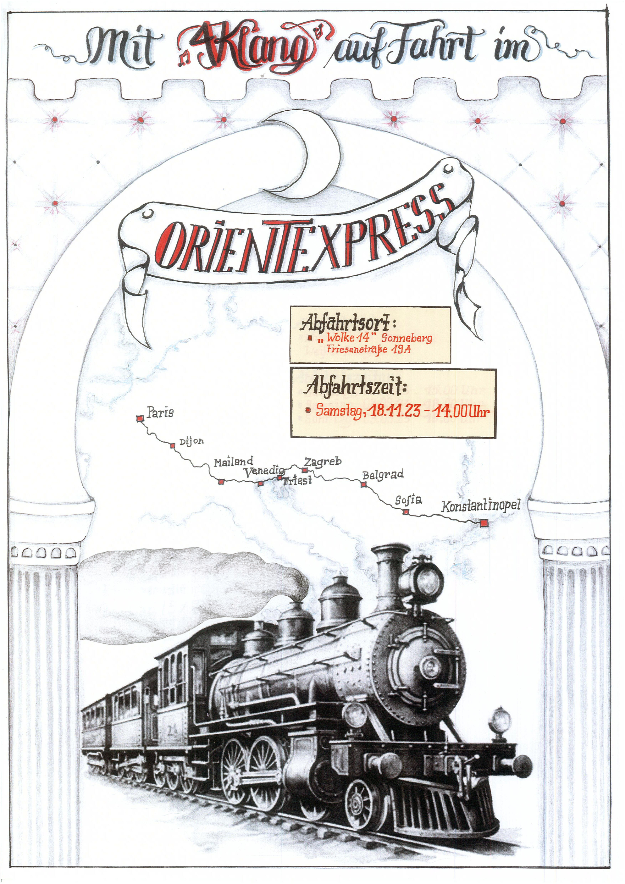 Eine Grafik zeigt eine Dampflok. Darüber steht: Mit Vierklang auf Fahrt im Orientexpress.