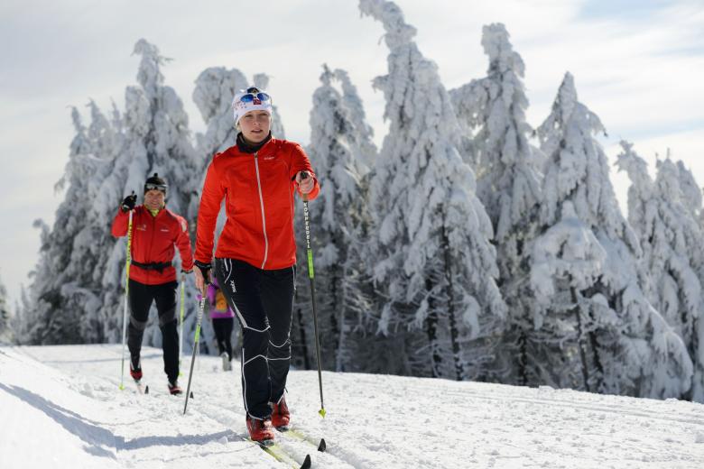 Zwei Langläufer in Winterlandschaft.