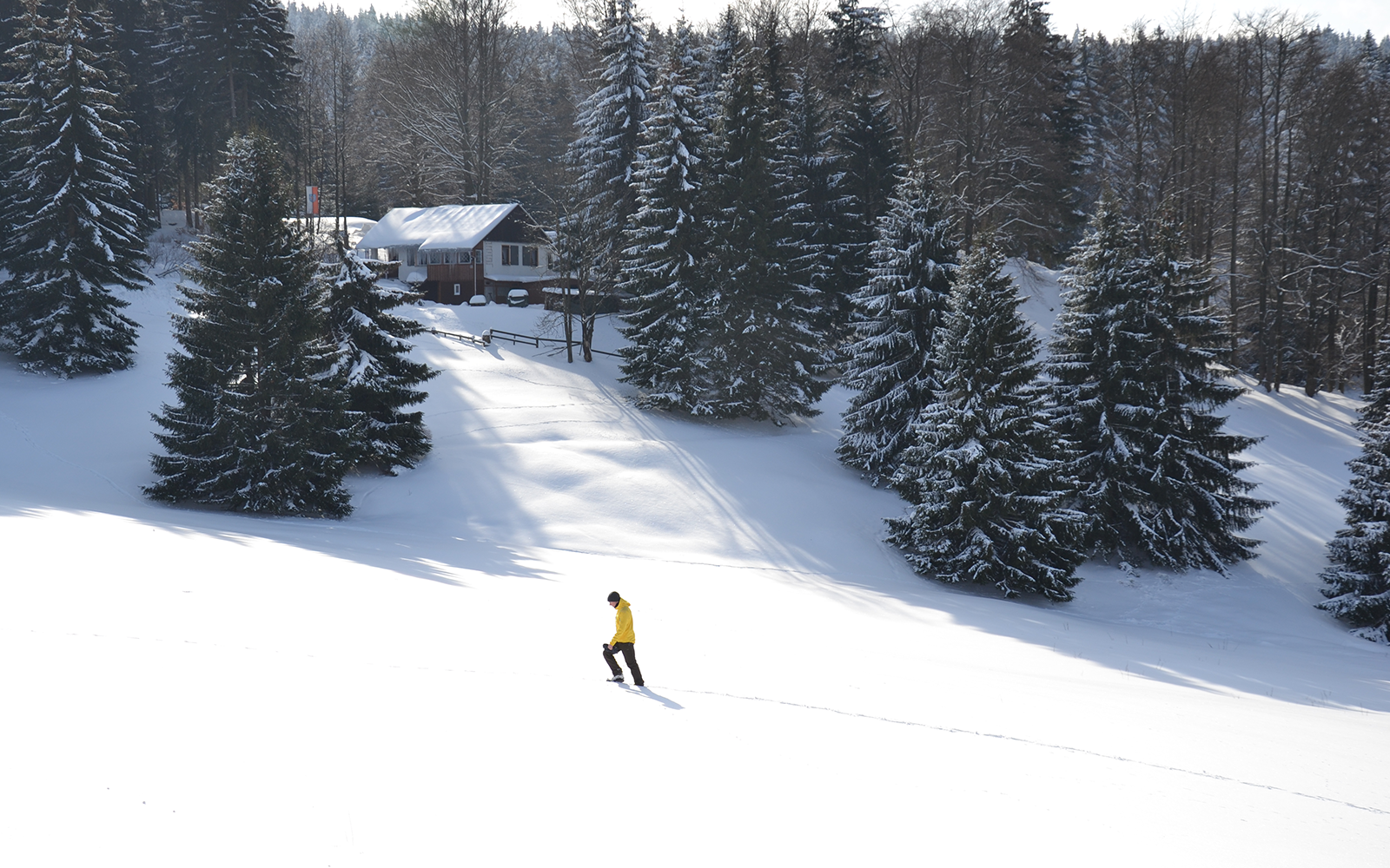 Eine Person wandert einen verschneiten Hügel hoch.