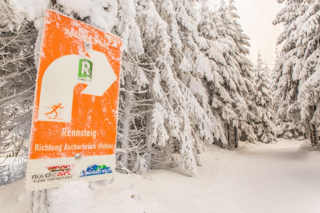 Ein Wegweiser in einem verschneitem Wald.