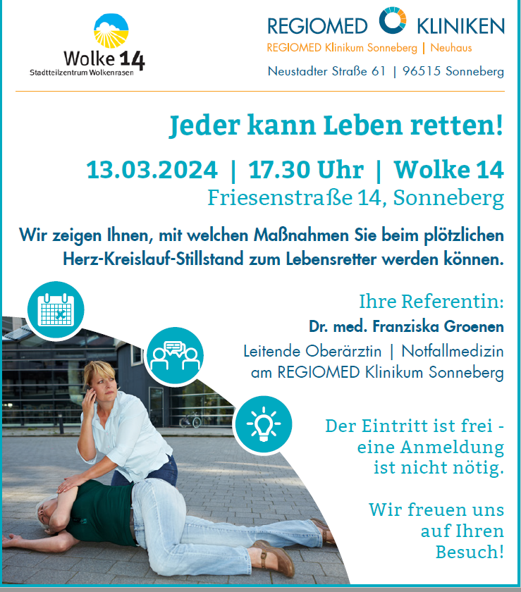 Eine Grafik mit Informationen zu einem Erste-Hilfe-Kurs in der Wolke 14 in Sonneberg.